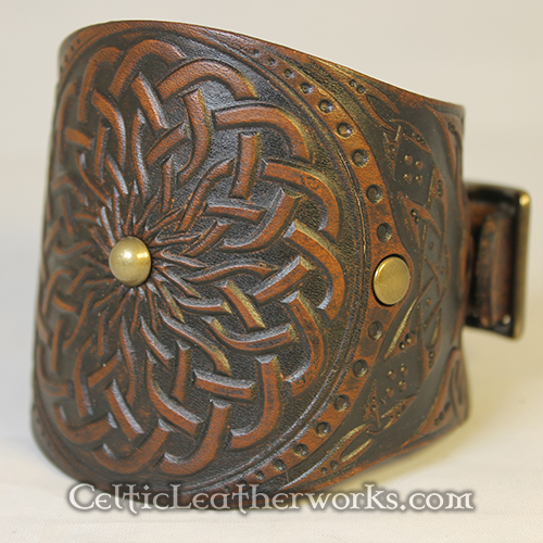 CELTIC FLOWER LEATHER WIDE CUFF | Celtic Leatherworks